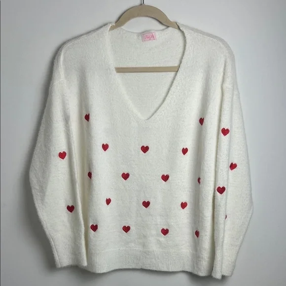 Pink Lily Cream V-Neck Embroidered Heart Fuzzy Soft Long Sleeve Sweater Size 2XL - Picture 3 of 13